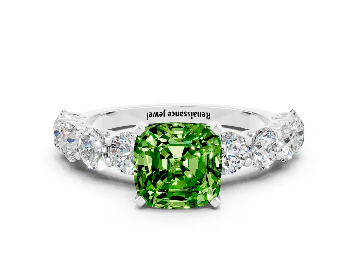 Cushion Cut Peridot Prong Setting with Side Stones on a Pave Band Silver