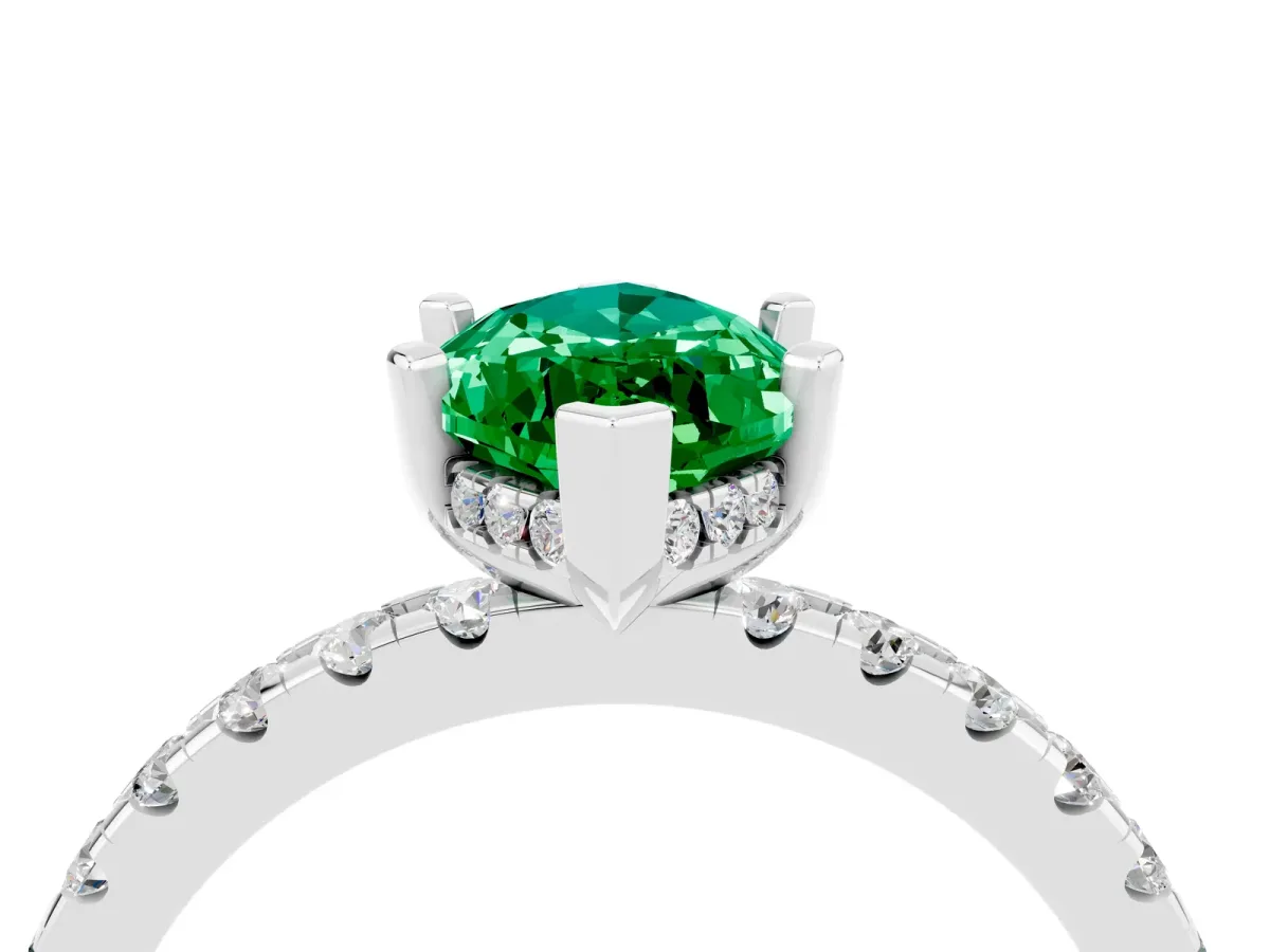 Marquise Cut Emerald Solitaire Ring with Round Pavé Band and Four-Prong Setting Silver
