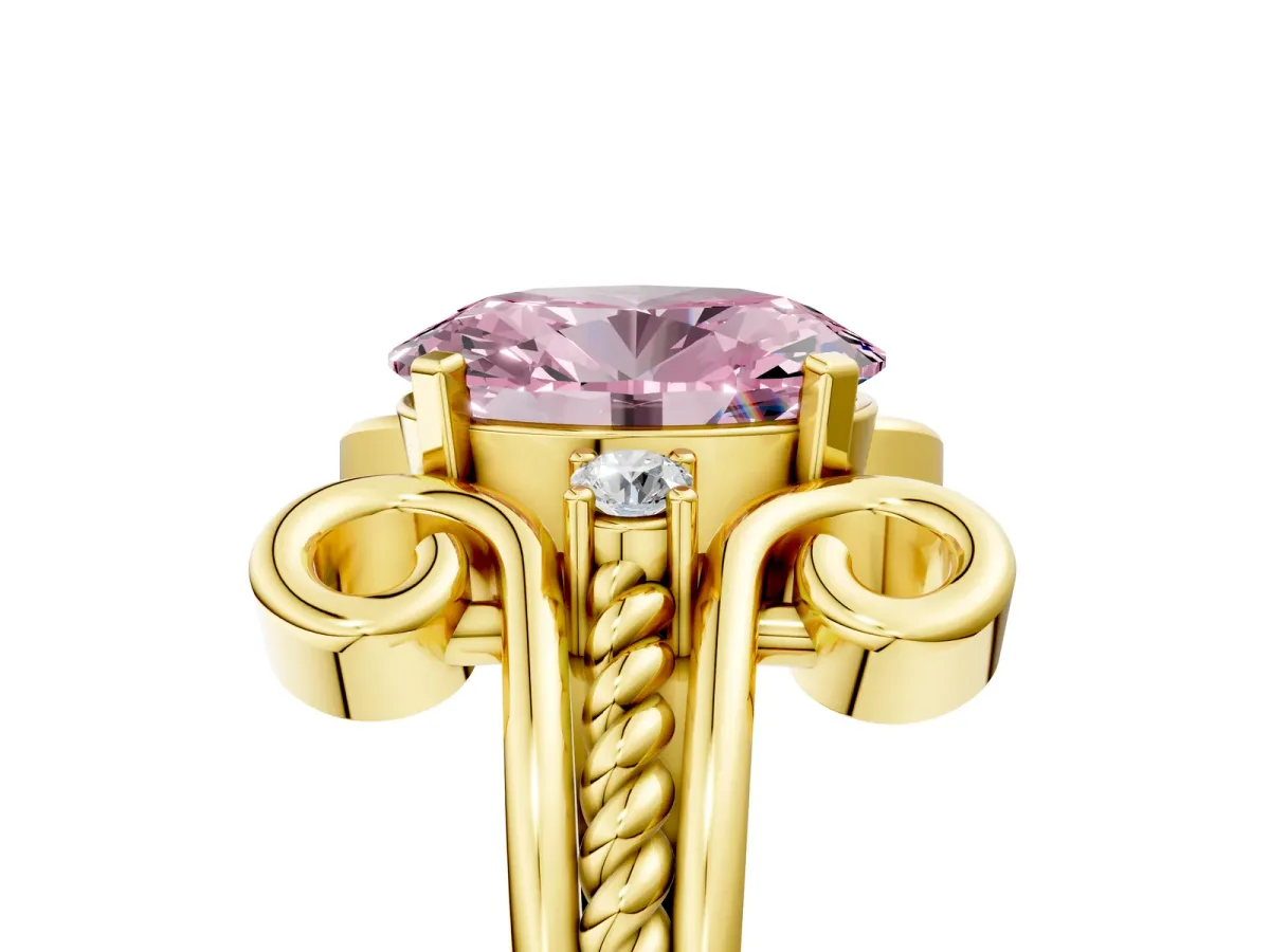 Fancy Pink Oval Cut Solitaire Twisted Band Scroll Prong Ring Yellow gold