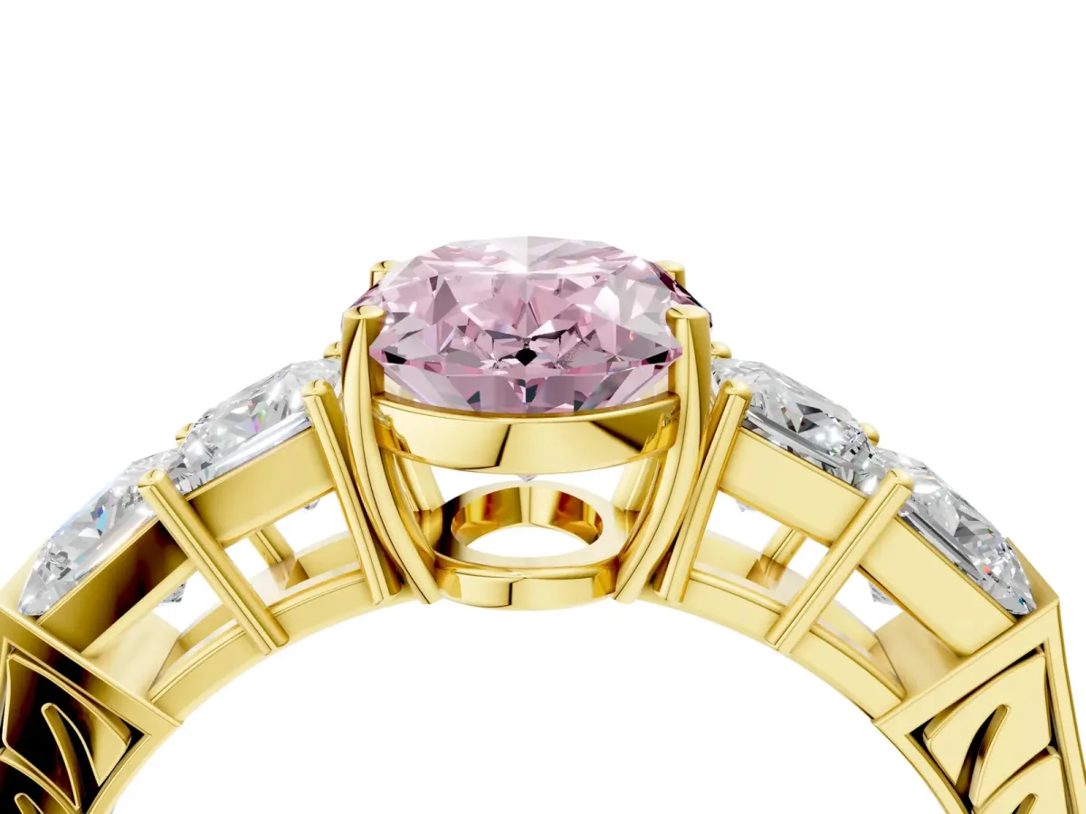Fancy Pink Oval Cut Solitaire Princess Side Stone Engraved Band Prong Setting Ring Yellow gold