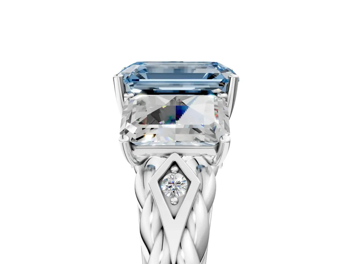 Fancy Blue Three-Stone Emerald Cut Diamond Braided Band Ring with Four-Prong Setting Platinum