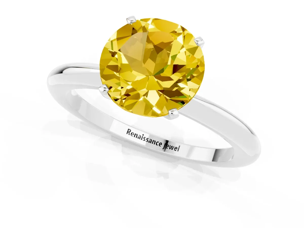 Round Cut Yellow Sapphire Solitaire Ring with Six-Prong Setting and Classic Band Silver