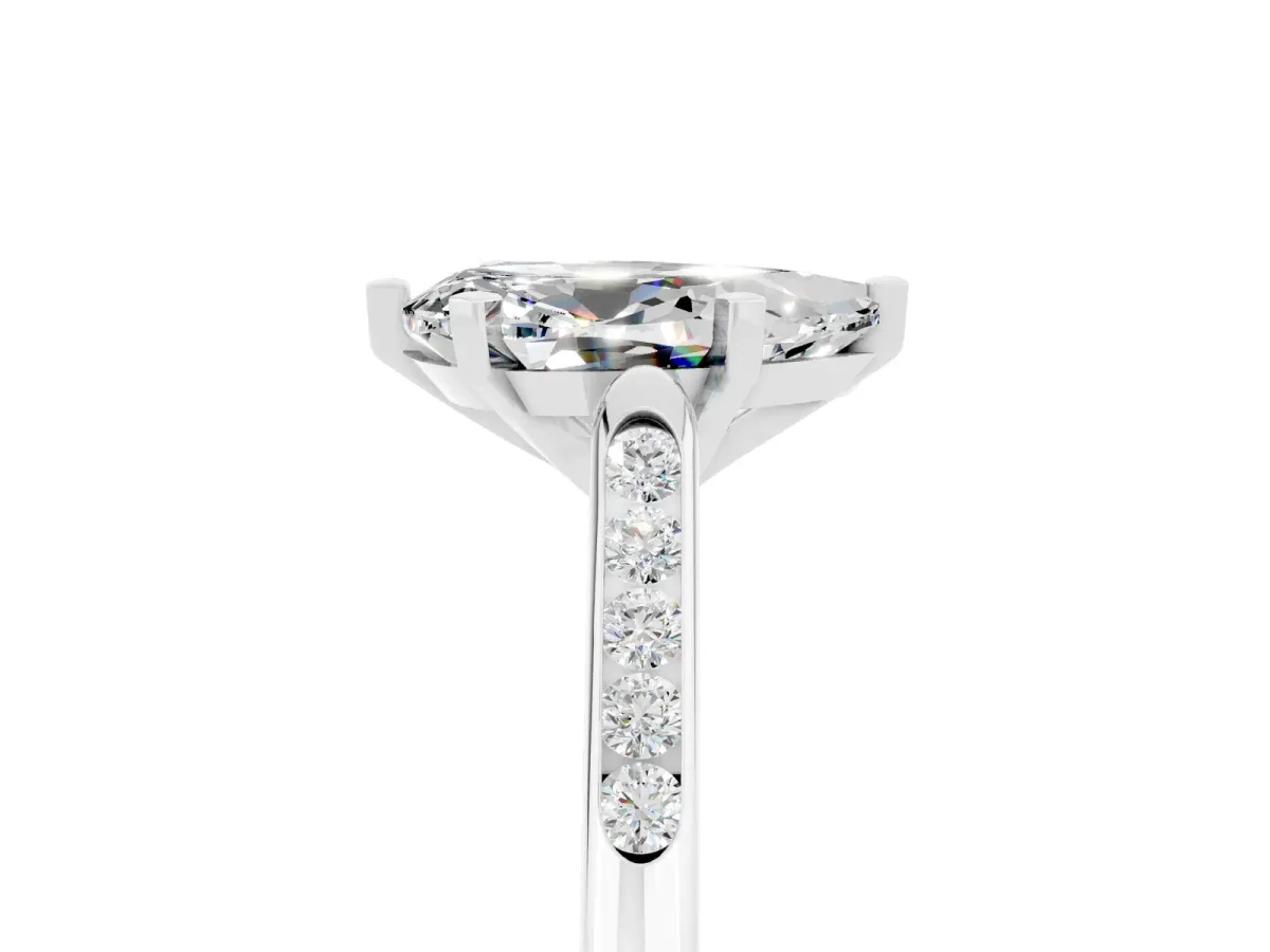 Pear Cut Moissanite Solitaire Ring with Channel Set Round Band and Prong Setting Silver
