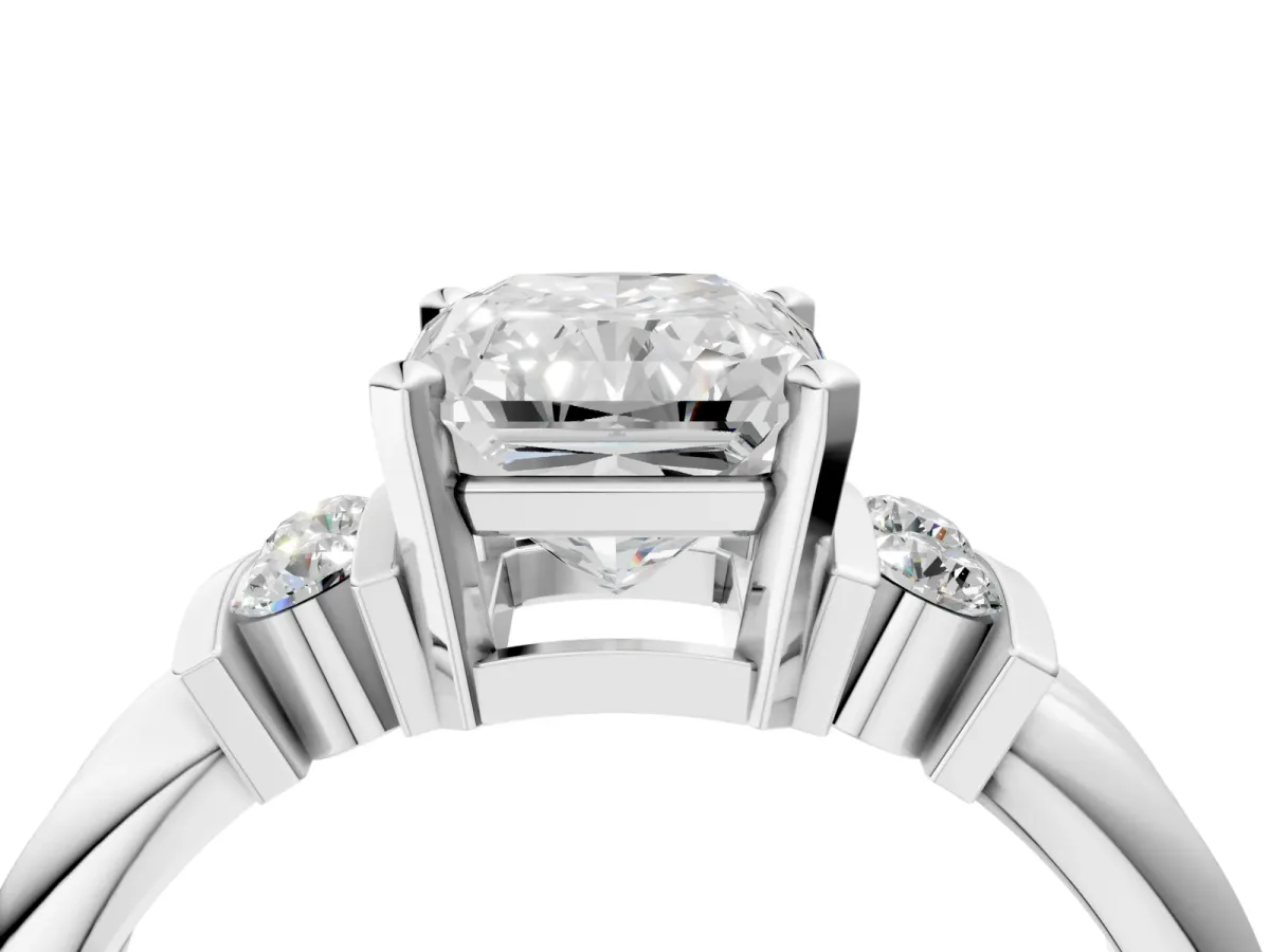 Radiant Cut Cut Three-Stone Channel Set Ring with Bar Prongs Platinum