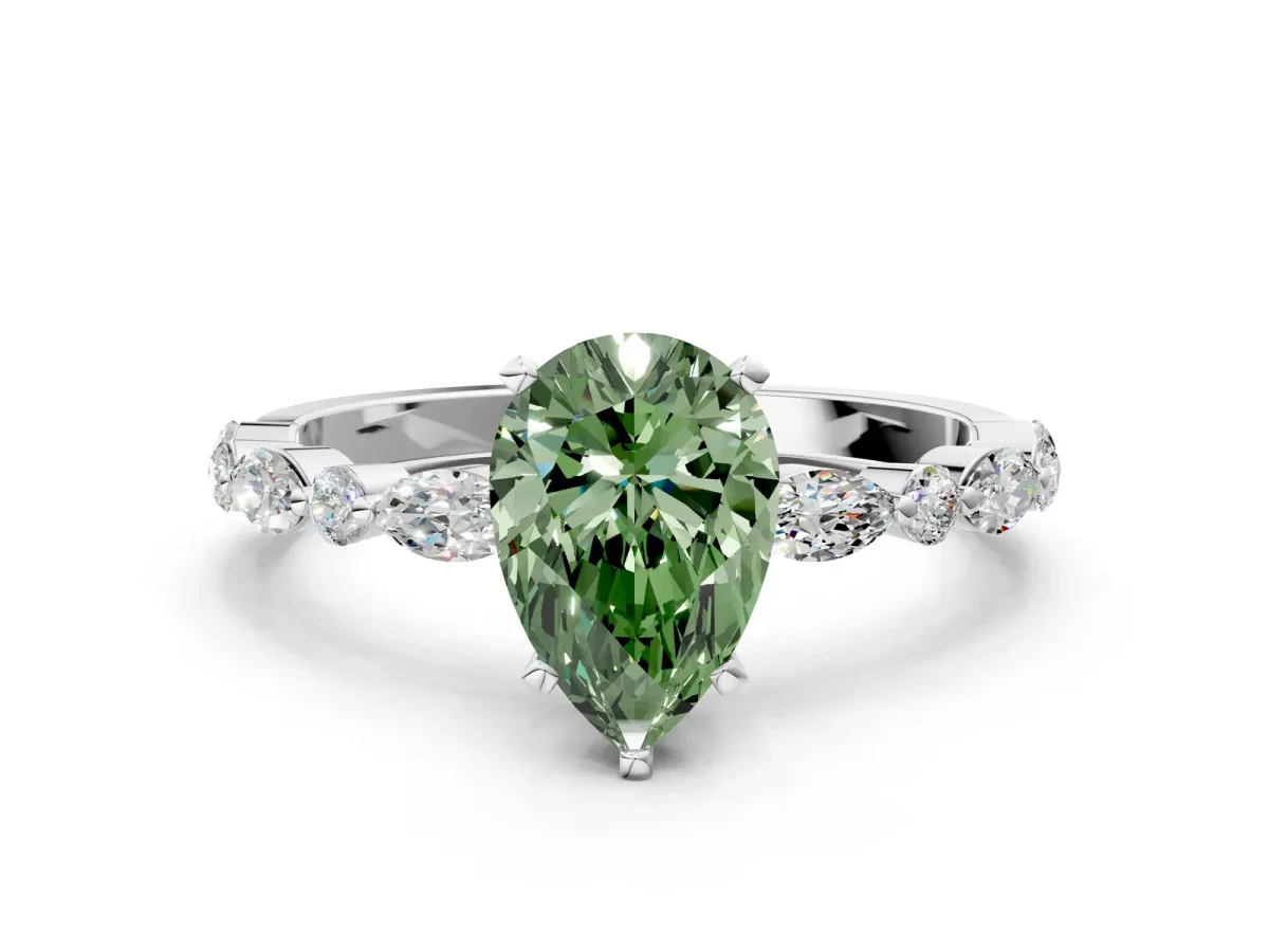 Fancy Green Pear Cut Diamond Ring with Marquise and Round Side Stones and Four-Prong Setting Silver