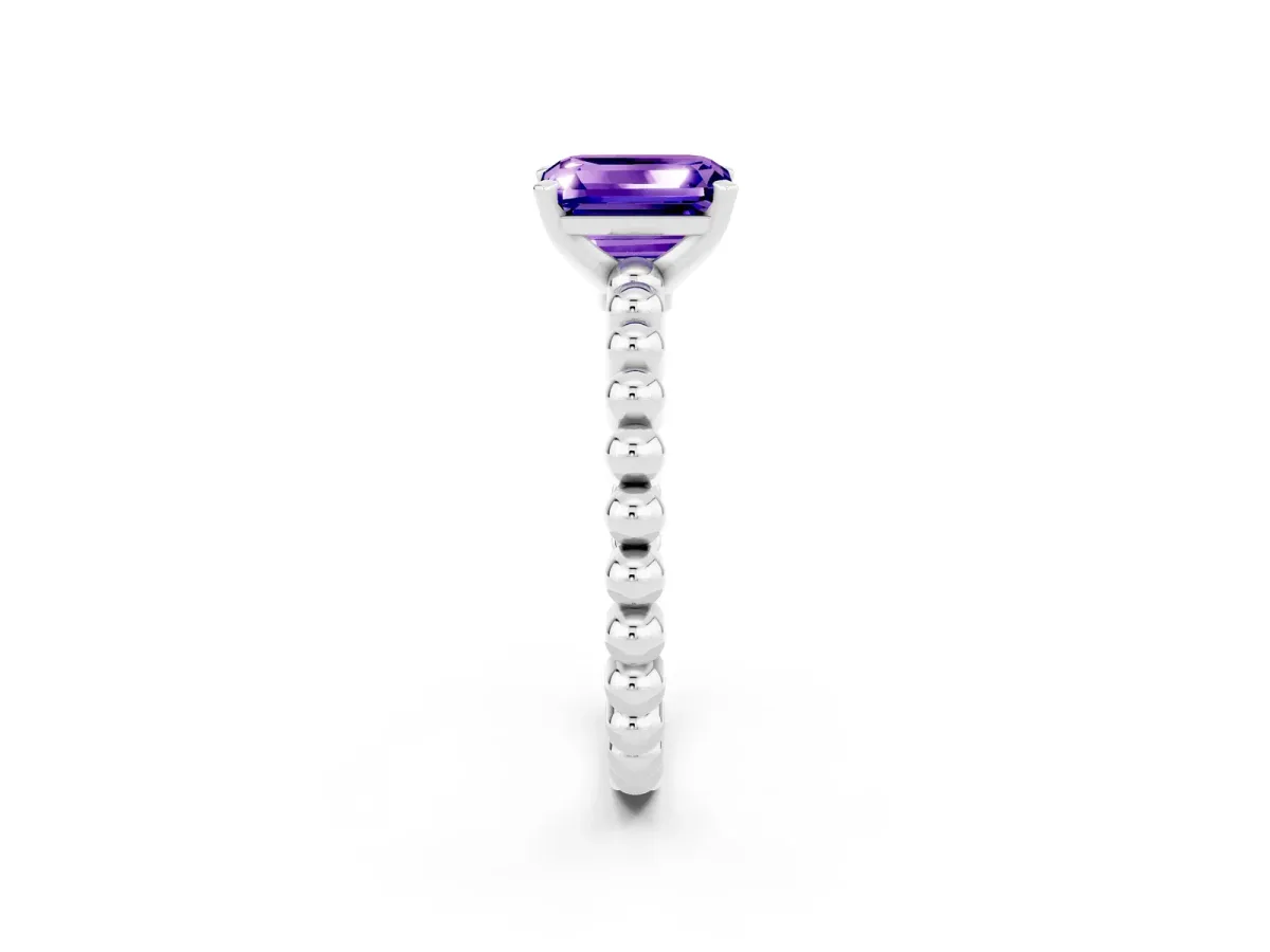 Emerald Cut Tanzanite Solitaire Ring with Beaded Band and Prong Setting Silver
