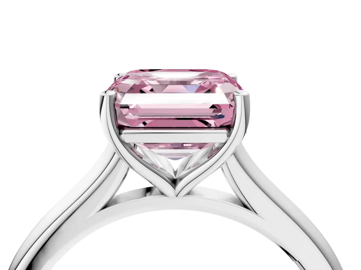 Fancy Pink Asscher Cut Cut Solitaire Ring with Cathedral Band and Four-Prong Setting Platinum