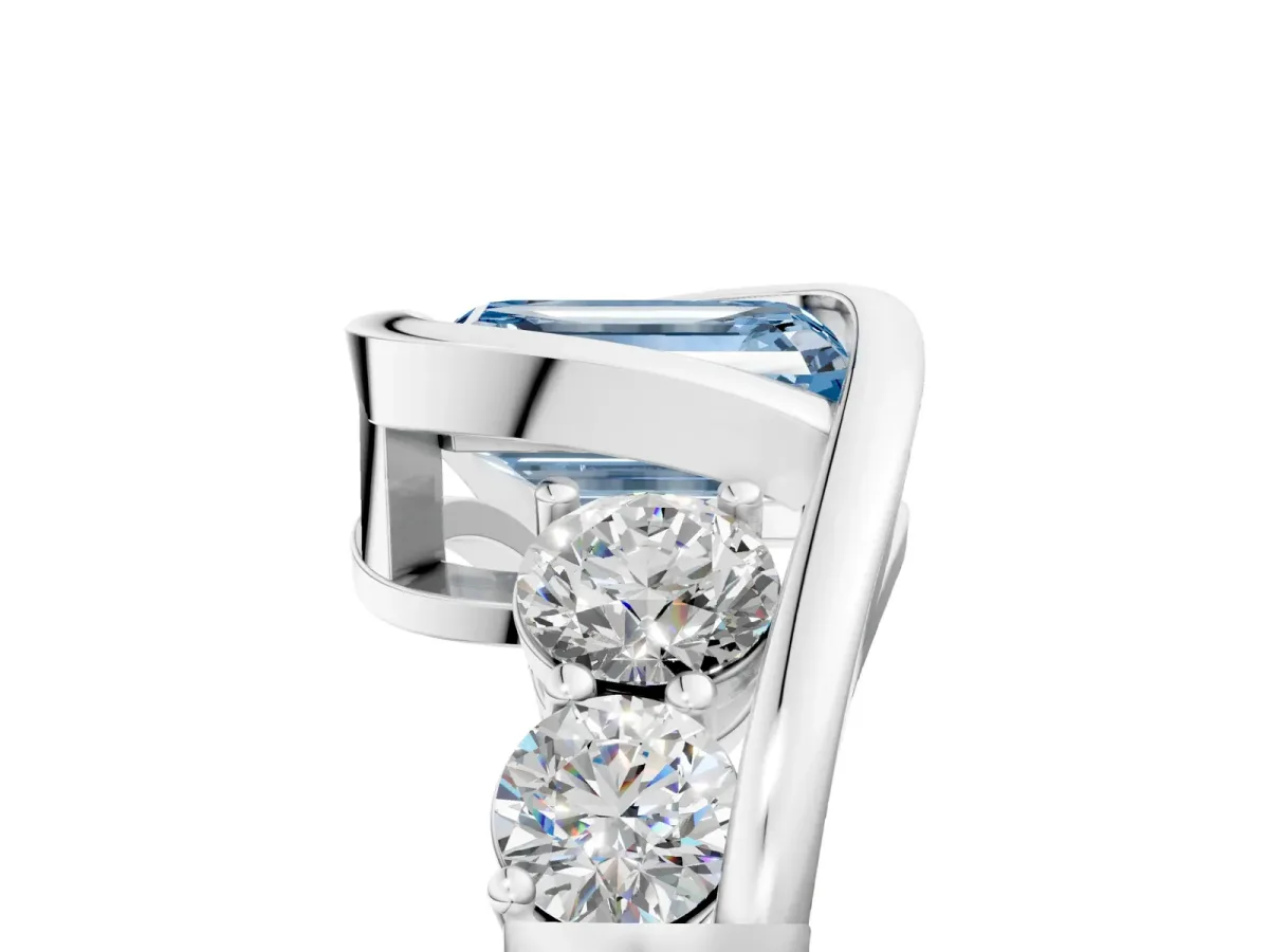 Fancy Blue Bezel Set Emerald Cut Diamond Bypass Ring with Round Accents Platinum