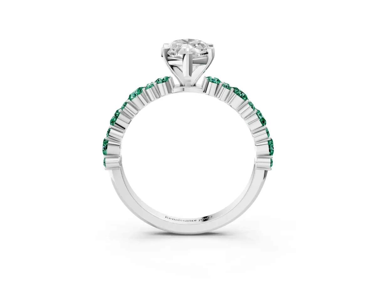 Marquise Cut Diamond Side Stone Solitaire Ring with Round Green Sapphire and Four-Prong Setting Silver
