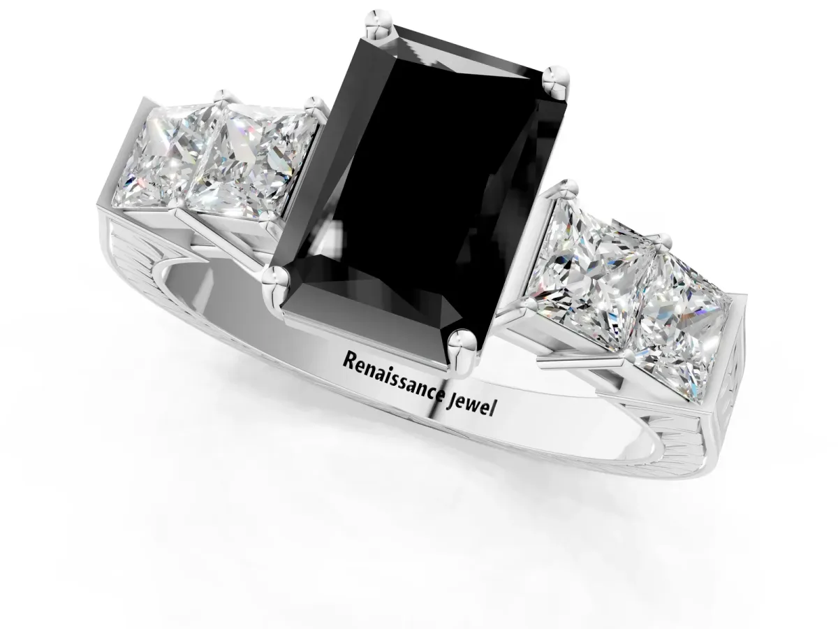 Fancy Black Radiant Cut Solitaire Princess Side Stone Engraved Band Prong Setting Ring Platinum