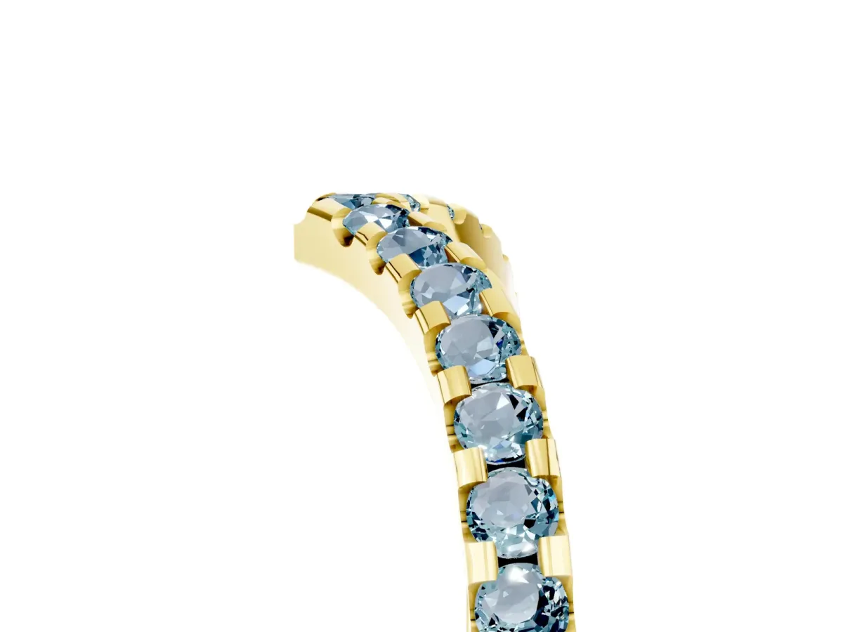 Pavé Round Aquamarine Chevron Band with Shared Prong Setting Yellow gold