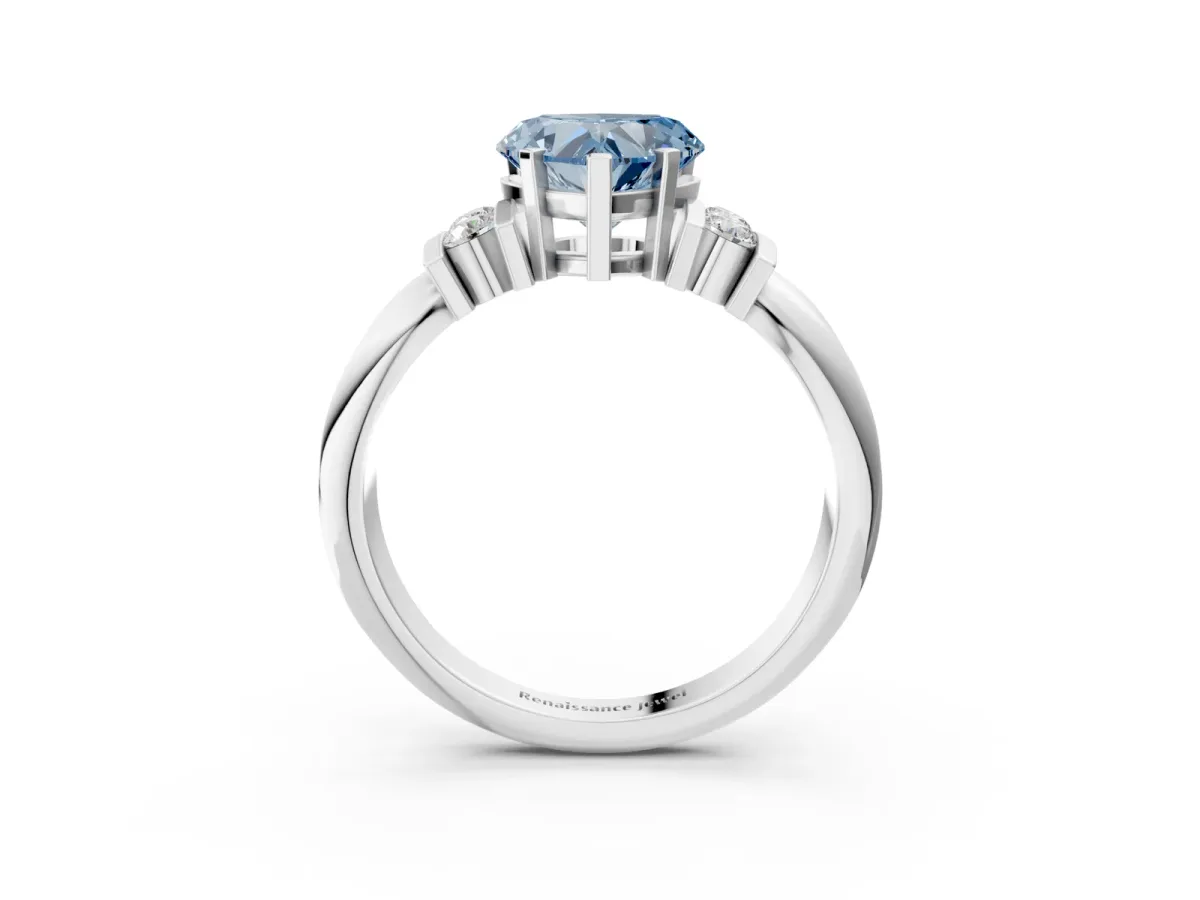 Fancy Blue Heart Cut Cut Three-Stone Channel Set Ring with Bar Prongs Platinum