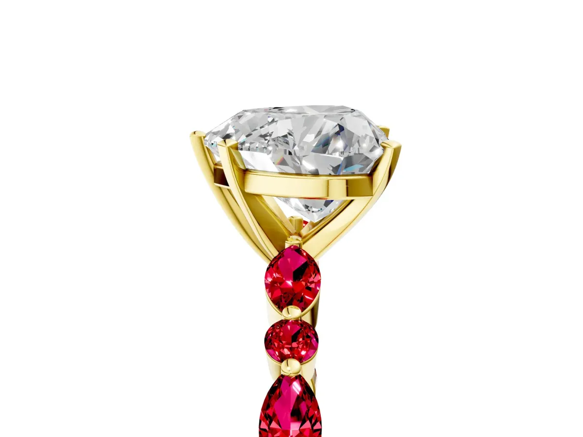 Heart Cut Diamond Ring with Marquise and Round Ruby Side Stones and Four-Prong Setting Yellow gold