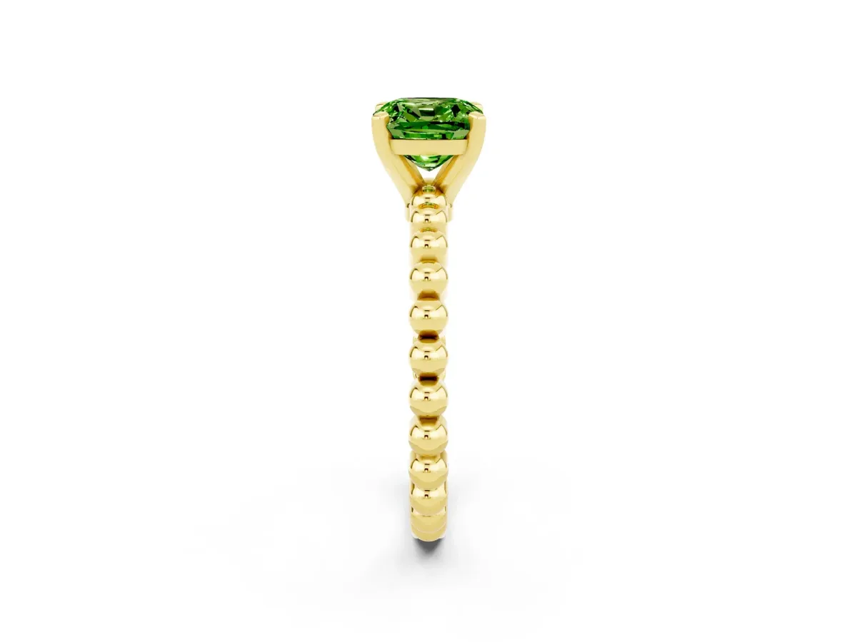 Cushion Cut Peridot Solitaire Ring with Beaded Band and Prong Setting Yellow gold