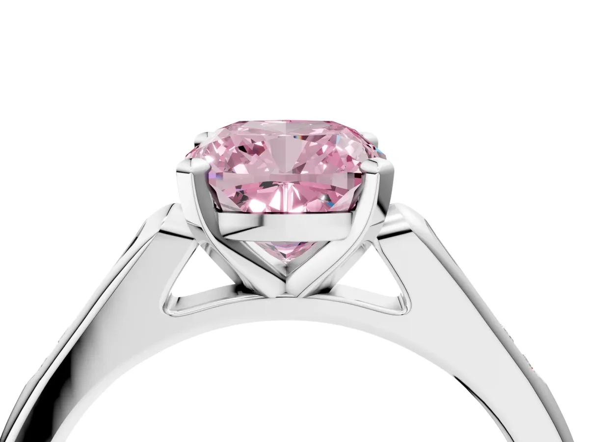 Fancy Pink Cushion Cut Diamond Solitaire Ring with Channel Set Round Band and Prong Setting Silver