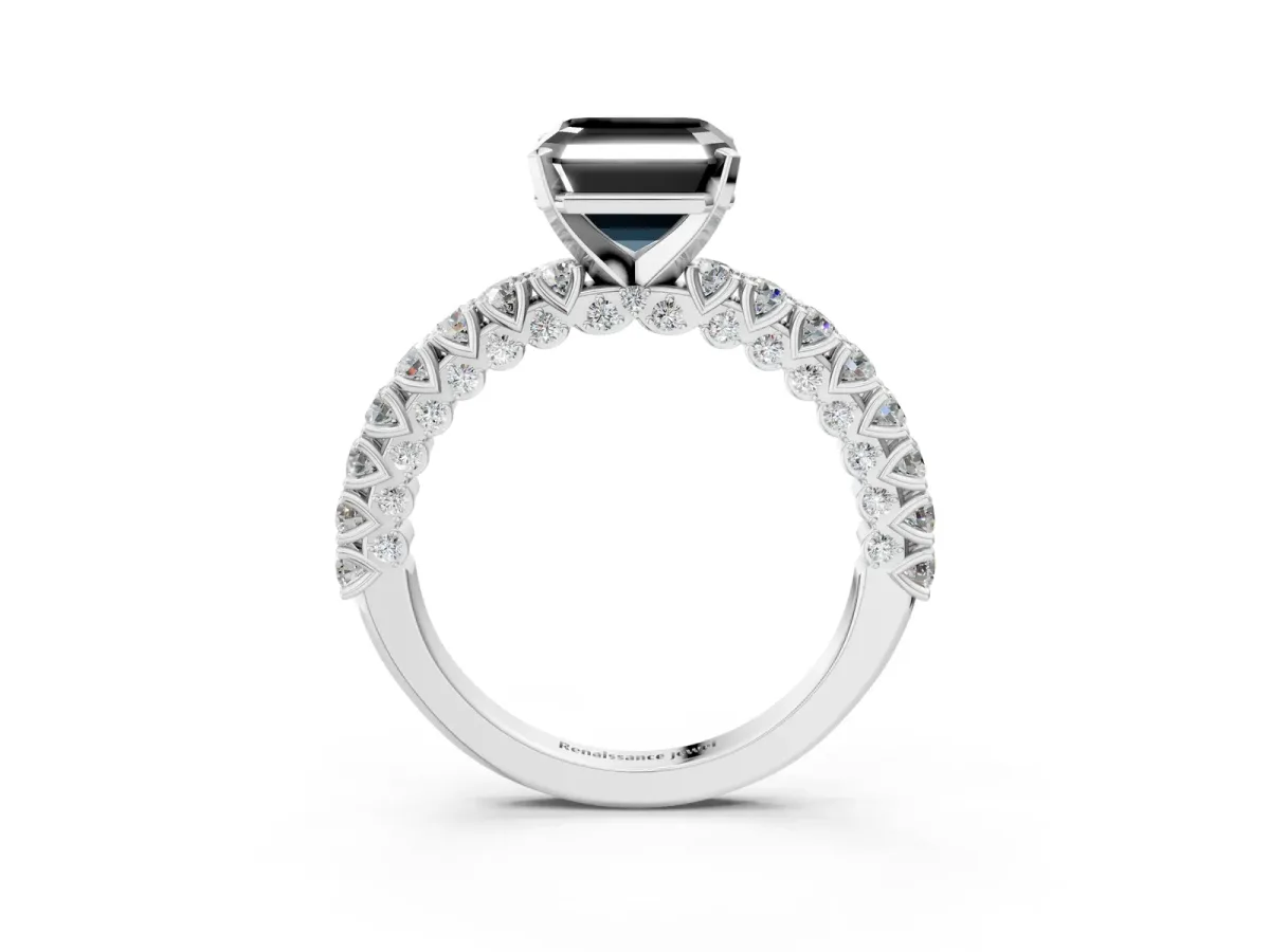 Fancy Black Asscher Cut Diamond Solitaire Ring with Round Accent Pavé Band and Prong Setting Platinum