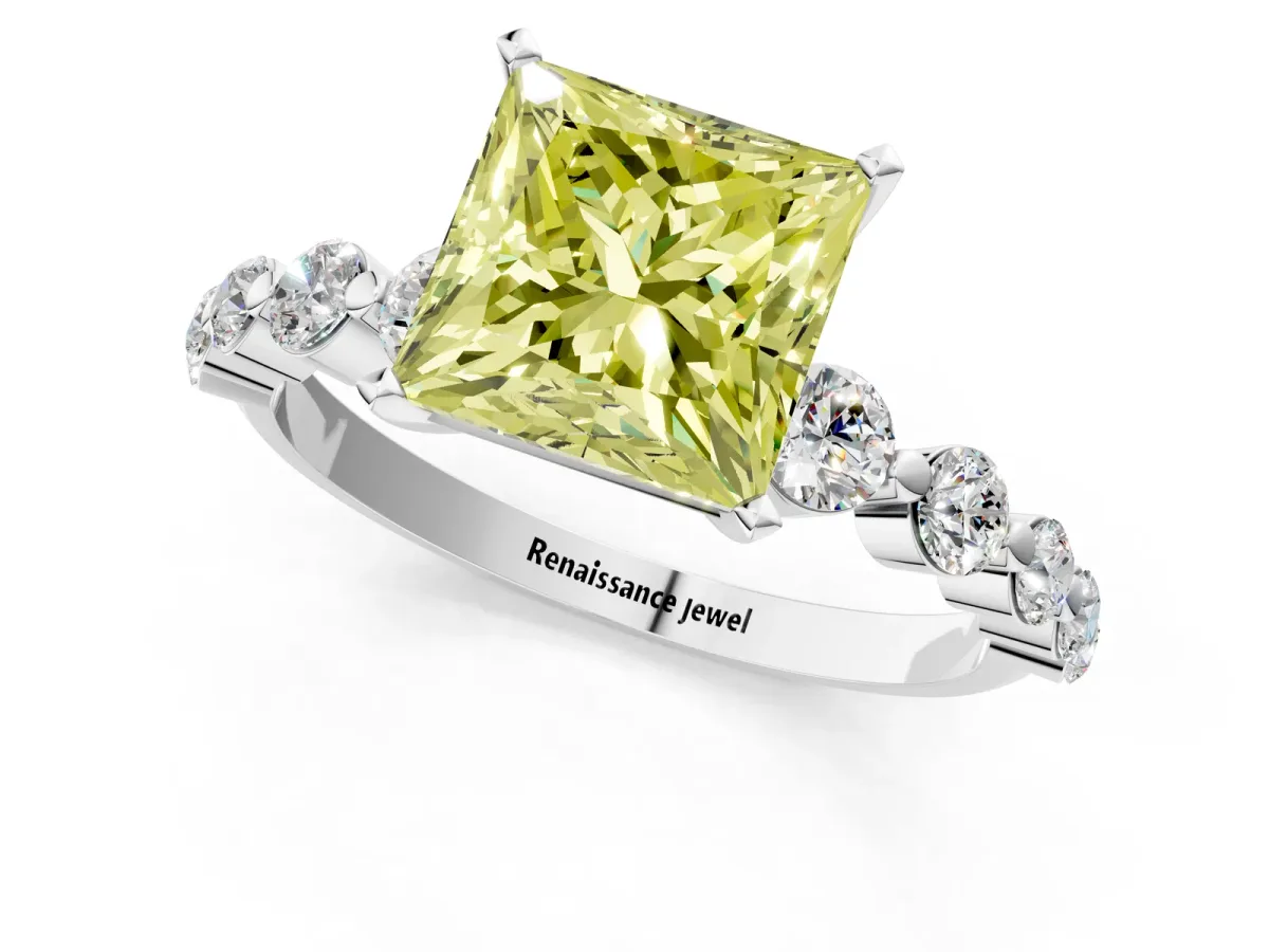 Fancy Yellow Princess Cut Solitaire Diamond Ring with Pave Band and Four-Prong Setting Silver