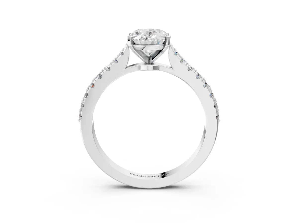 Oval Cut Cut Solitaire Diamond Engagement Ring with Pave Band and Four-Prong Setting Silver