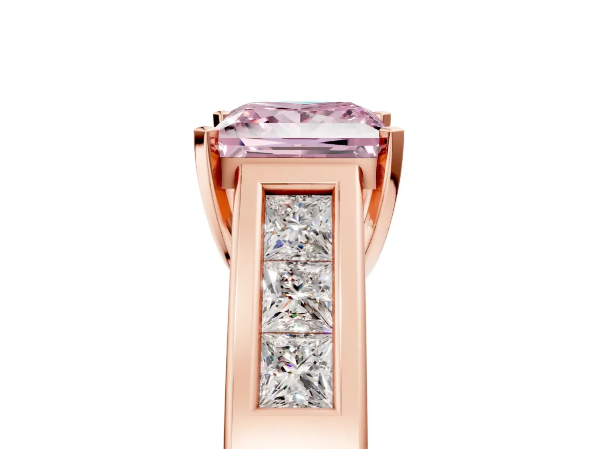 Fancy Pink Princess Cut Cut Channel Set Solitaire Ring with Four-Prong Setting Rose gold