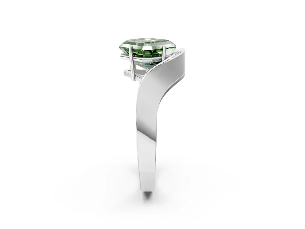 Fancy Green Asscher Cut Solitaire Diamond Engagement Ring with Pave Band and Four-Prong Setting Silver