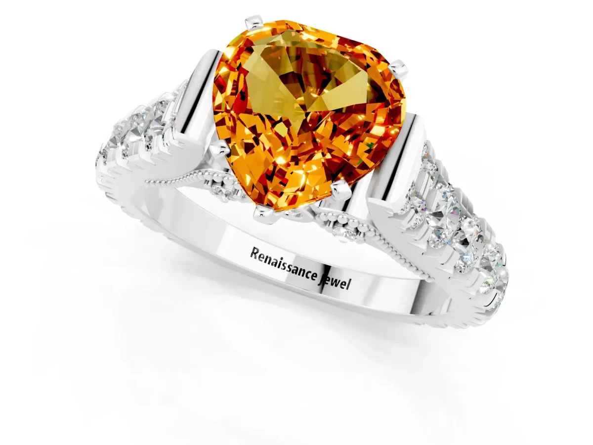 Heart Cut Citrine Classic Solitaire Ring with Pavé Band and Four-Prong Setting Silver
