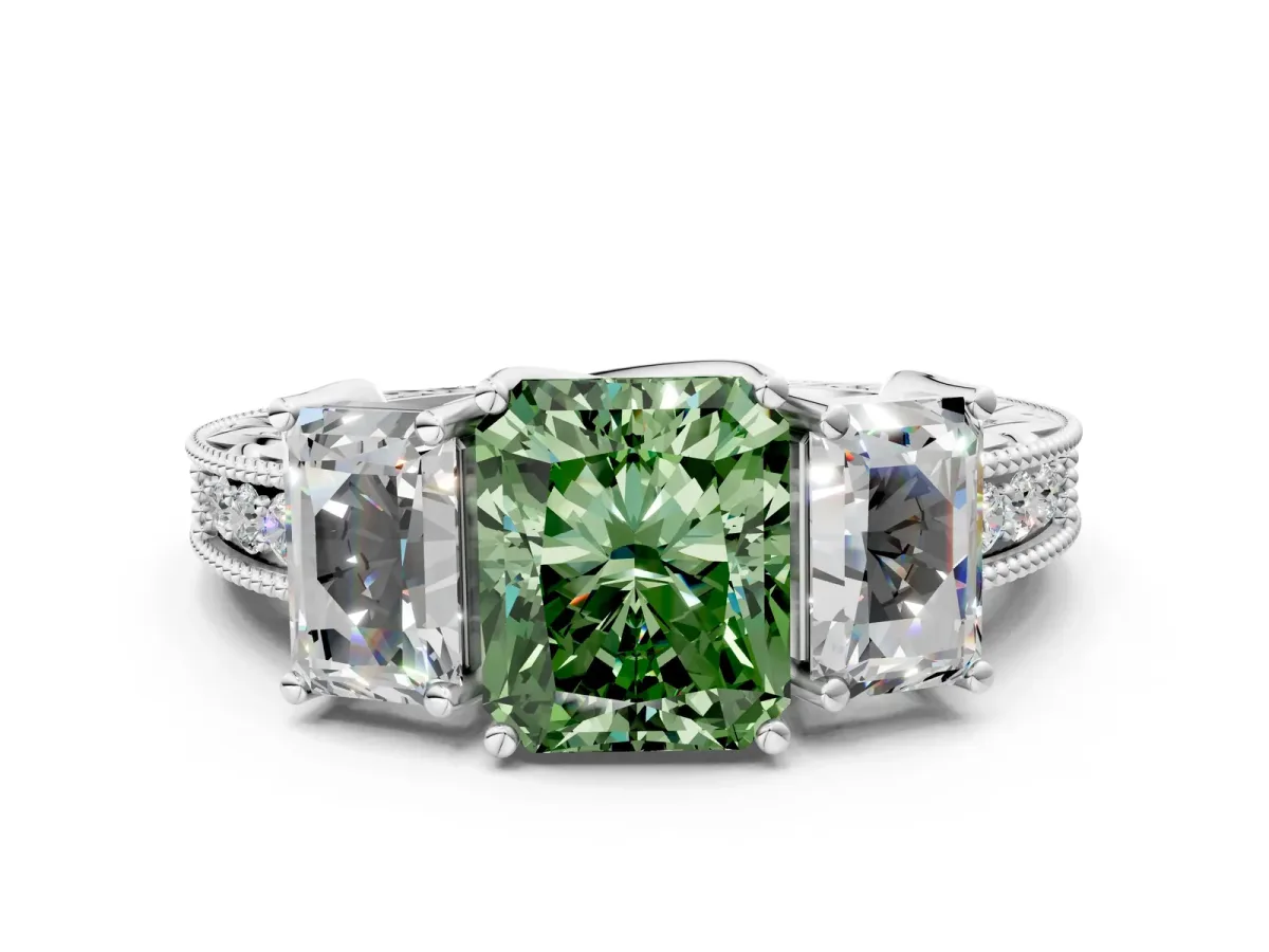 Fancy Green Three-Stone Radiant Cut Cut Milgrain Pavé Engagement Ring Platinum