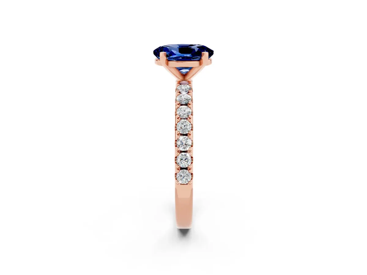 Oval Cut Blue Sapphire Solitaire Pavé Band with Four-Prong Setting Rose gold