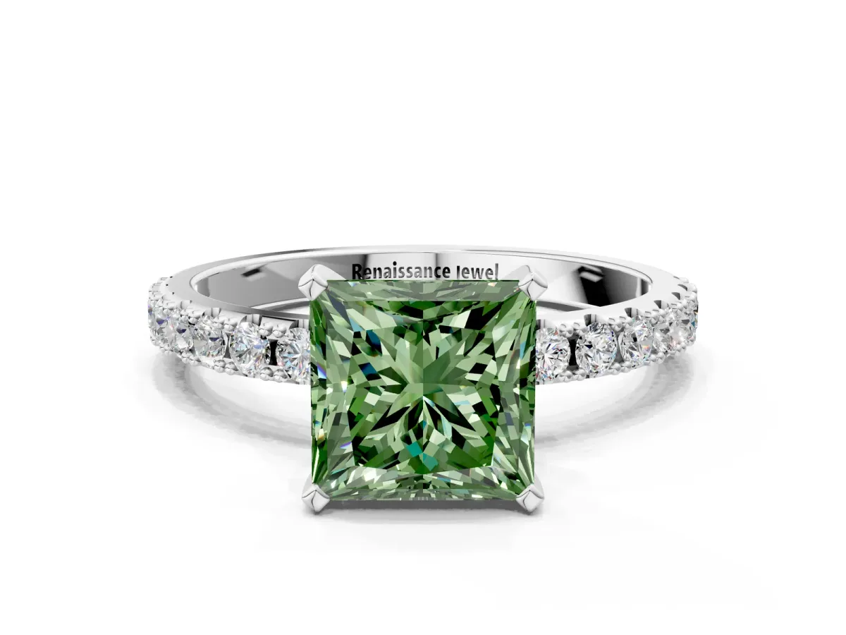 Fancy Green Princess Cut Diamond Solitaire Pavé Band with Four-Prong Setting Silver