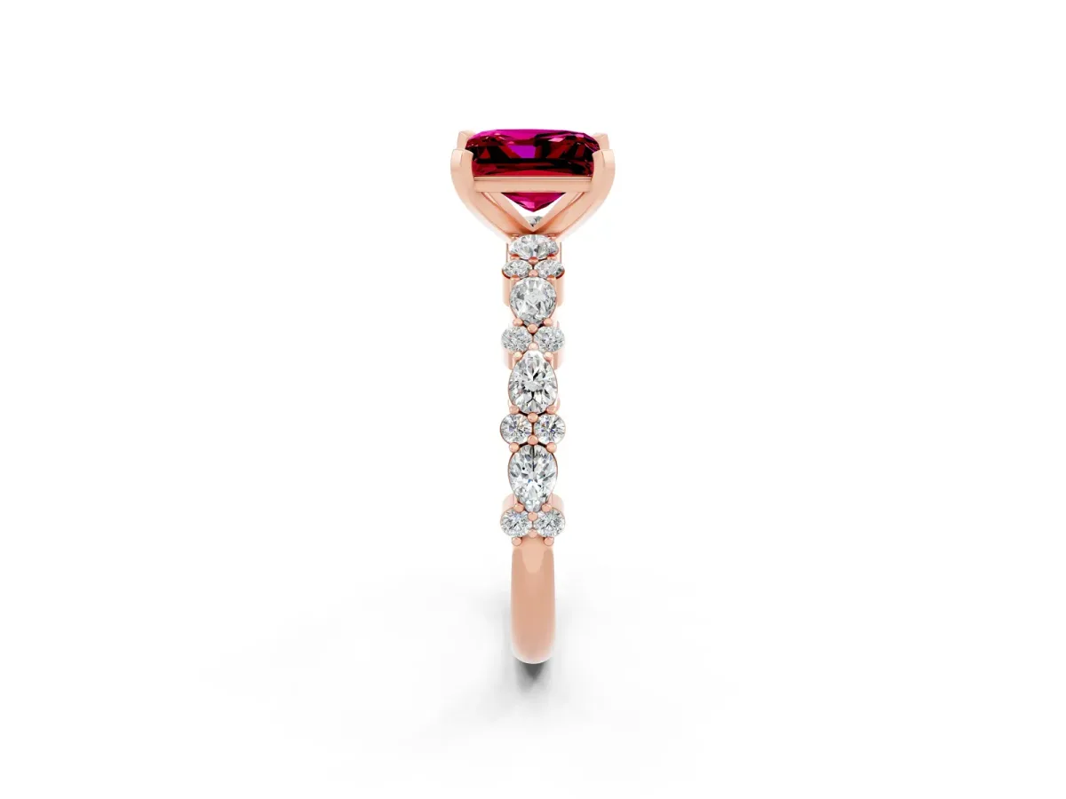 Princess Cut Garnet Side Stone Solitaire Ring with Round and Four-Prong Setting Rose gold