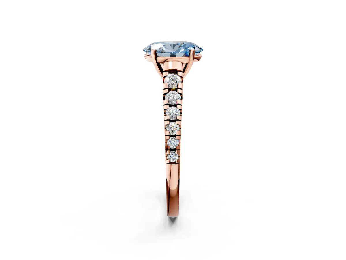 Fancy Blue Oval Cut Diamond Cathedral Solitaire Ring with Round Pavé Band Rose gold