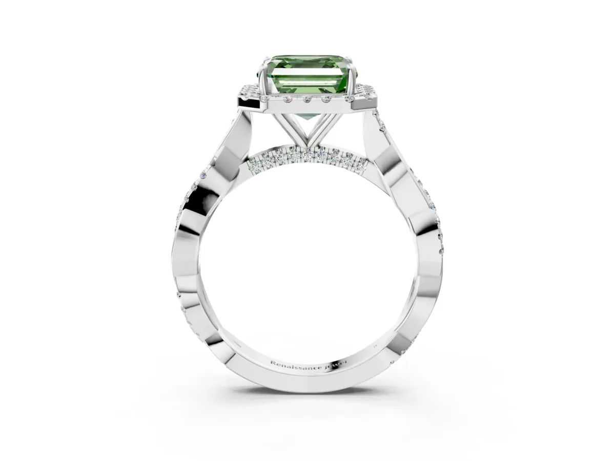 Fancy Green Asscher Cut Halo Twist Band Solitaire Ring Platinum