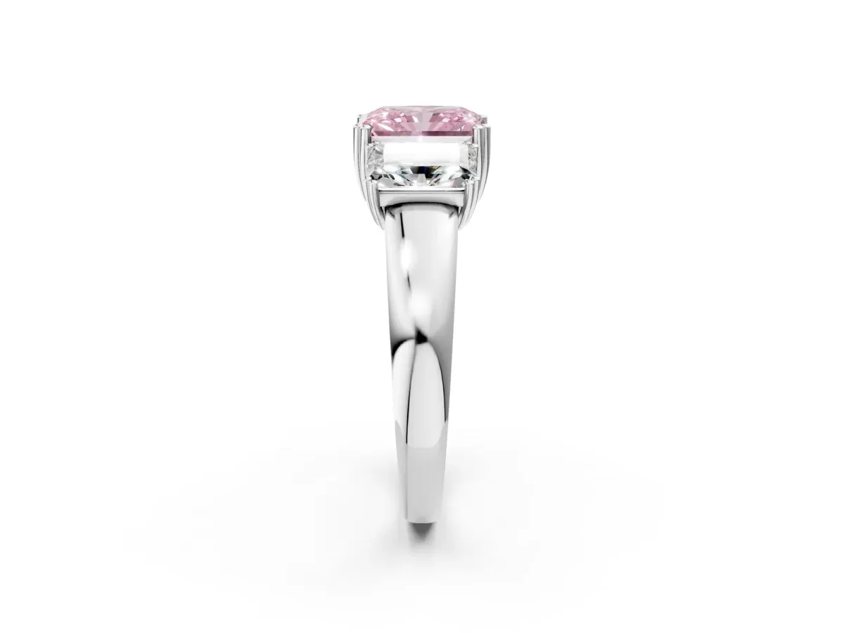 Fancy Pink Three-Stone Radiant Cut Cut Diamond Ring with Channel Set Band and Four-Prong Setting Silver