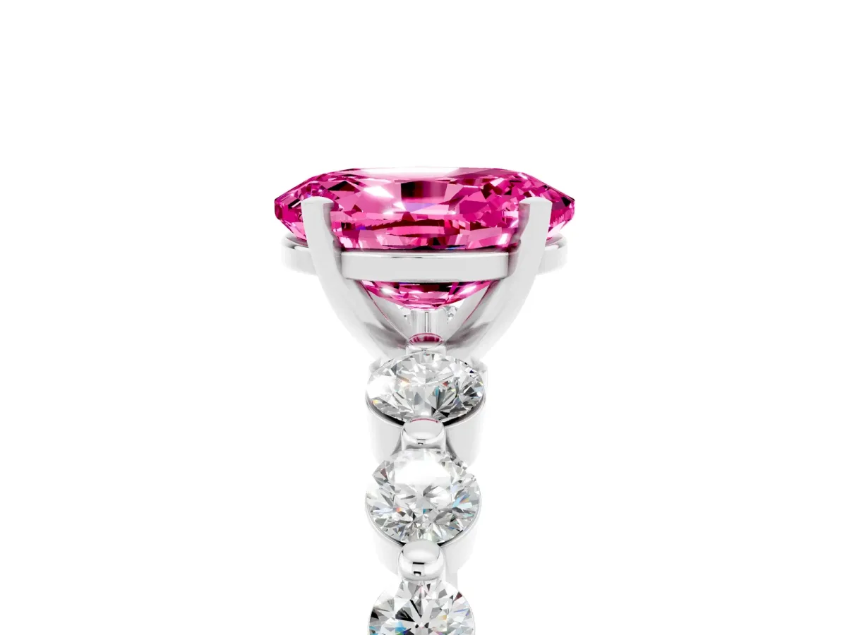Oval Cut Solitaire Pink Sapphire Ring with Pave Band and Four-Prong Setting Silver