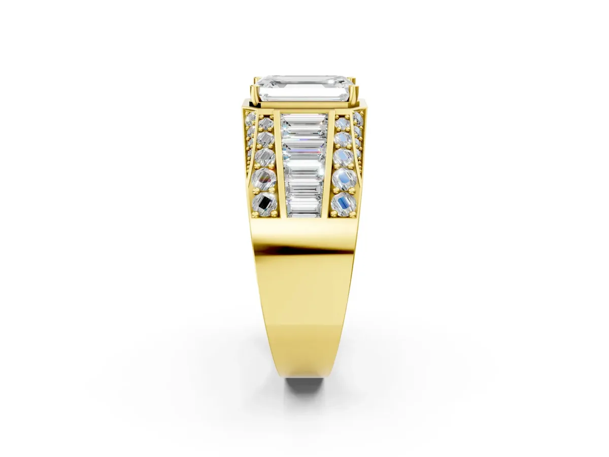 Emerald Cut Diamond Mens Ring with Baguette Side Stones Yellow gold