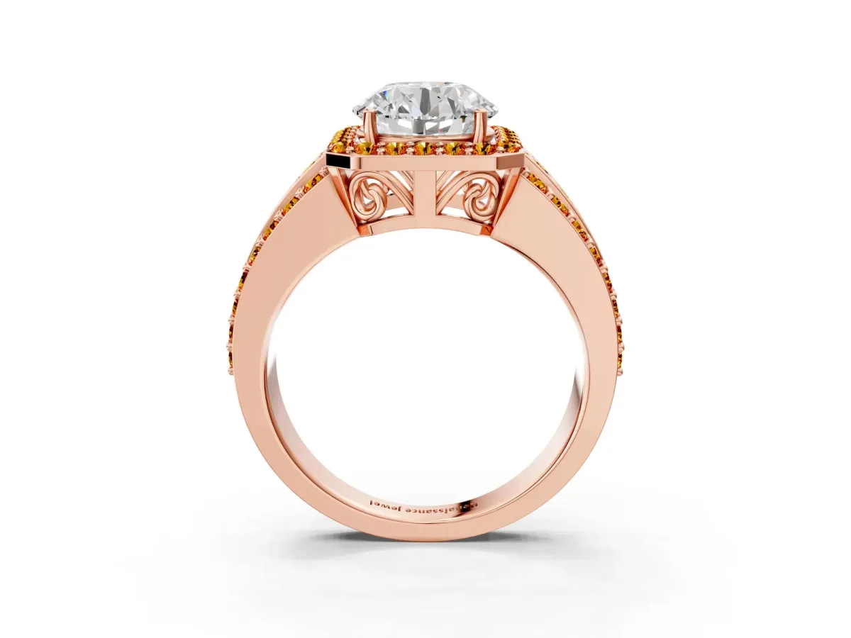 Round Cut Halo Diamond Ring with Round Citrine Split Shank and Prong Setting Rose gold