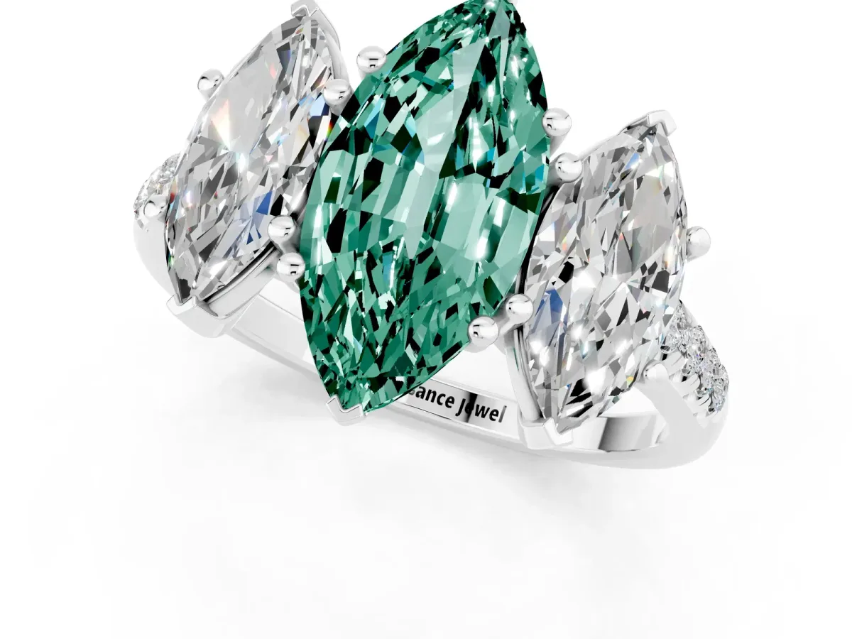 Three-Stone Marquise Cut Green Sapphire Ring with Round Pavé Band and Prong Setting Silver