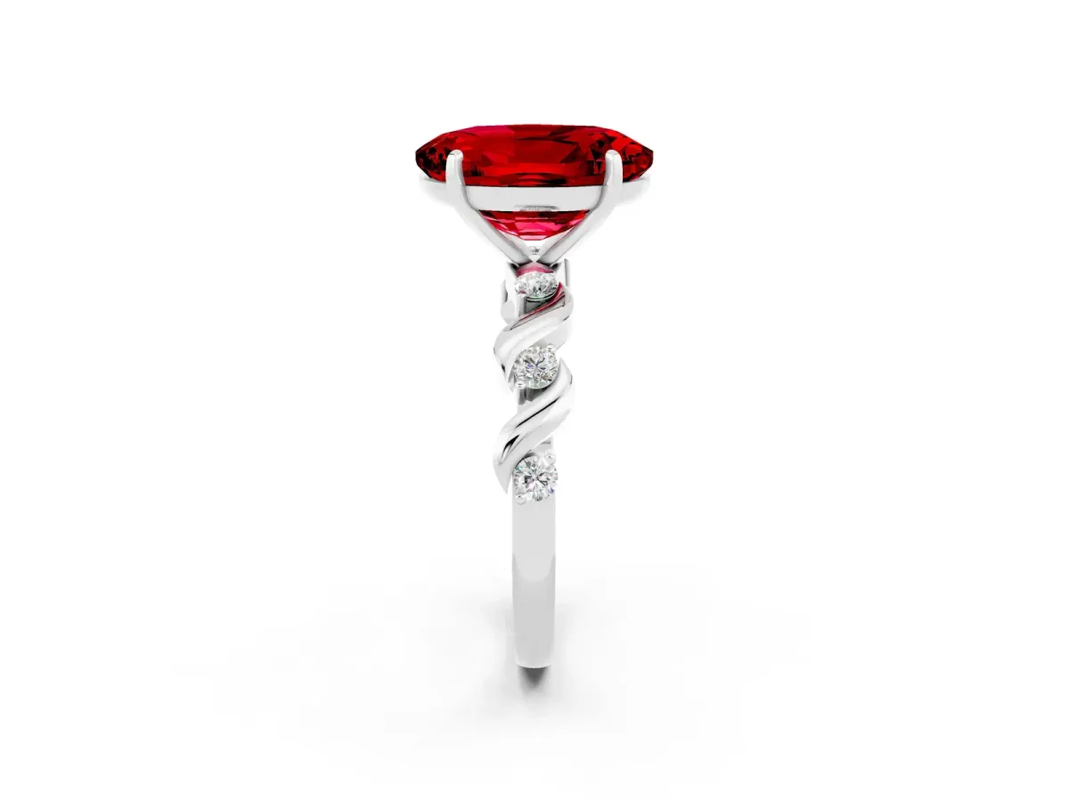 Oval Cut Ruby Solitaire Twisted Band with Round Accents and Prong Setting Silver