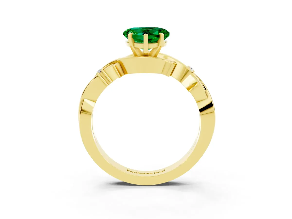 Heart Cut Emerald Solitaire Ring with Twisted Band and Prong Setting Yellow gold