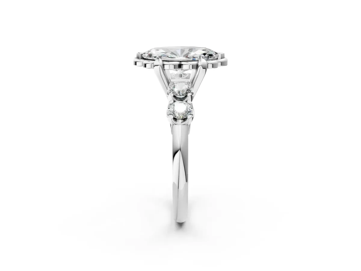 Marquise Cut Cut Diamond Floral Halo Engagement Ring with Shared Prong Setting Silver