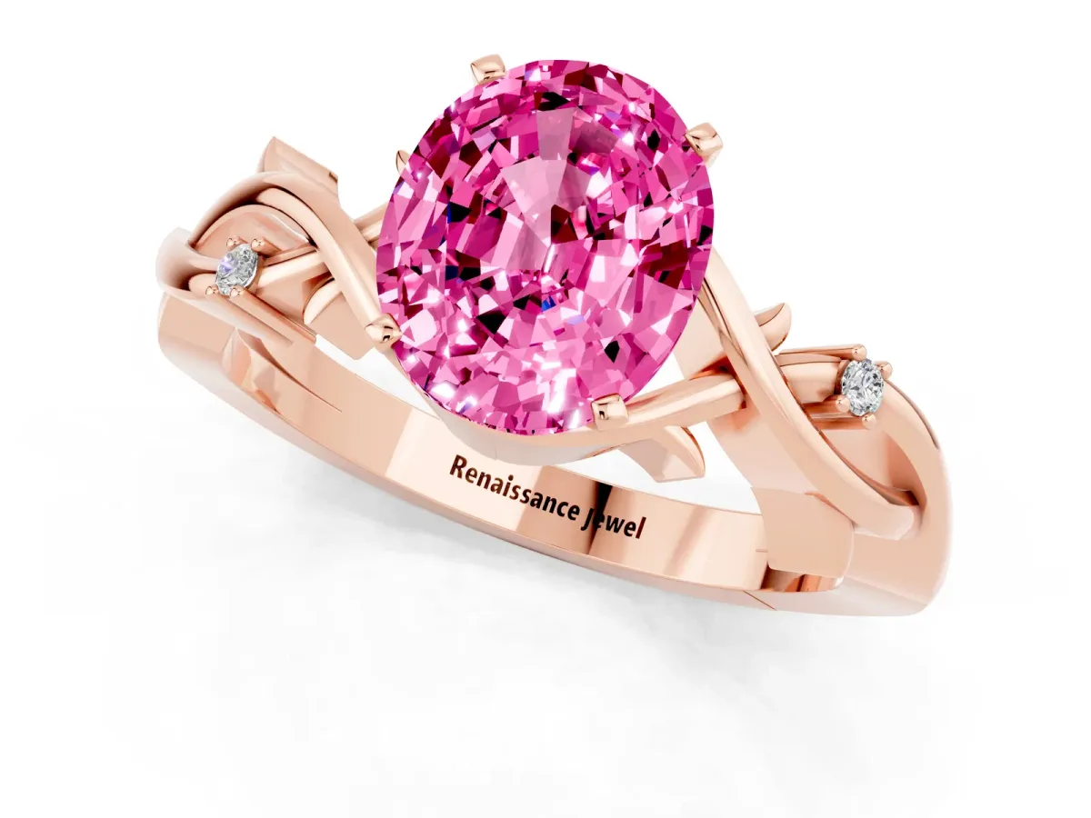 Oval Cut Pink Sapphire Solitaire Ring with Twisted Band and Prong Setting Rose gold
