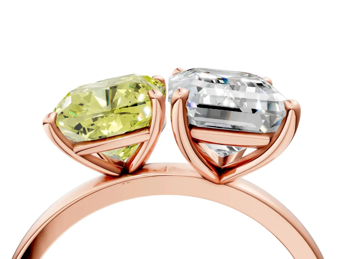 Fancy Yellow Cushion Cut and Emerald Cut Toi Moi Ring with Prong Setting Rose gold