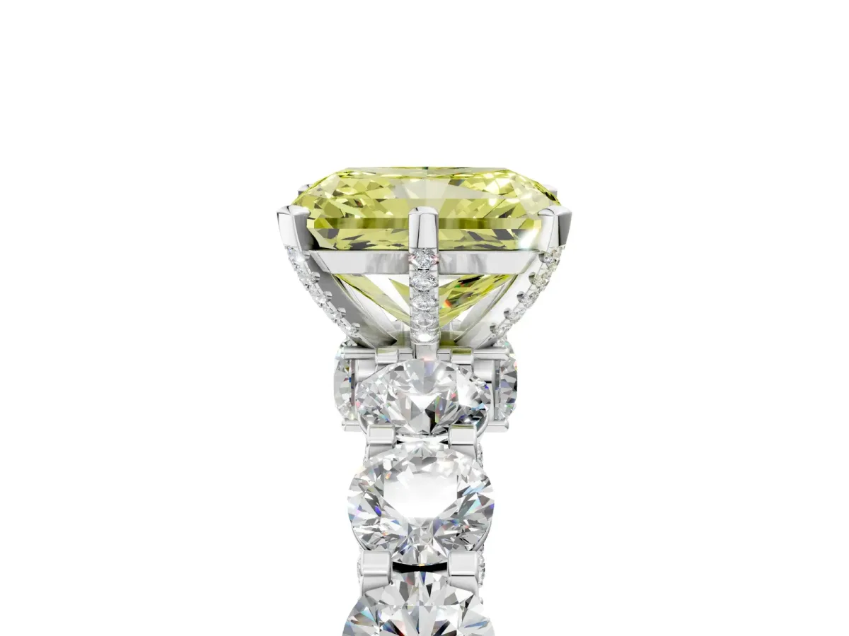 Fancy Yellow Radiant Cut Diamond Side Stone Engagement Ring with Four-Prong Setting Silver