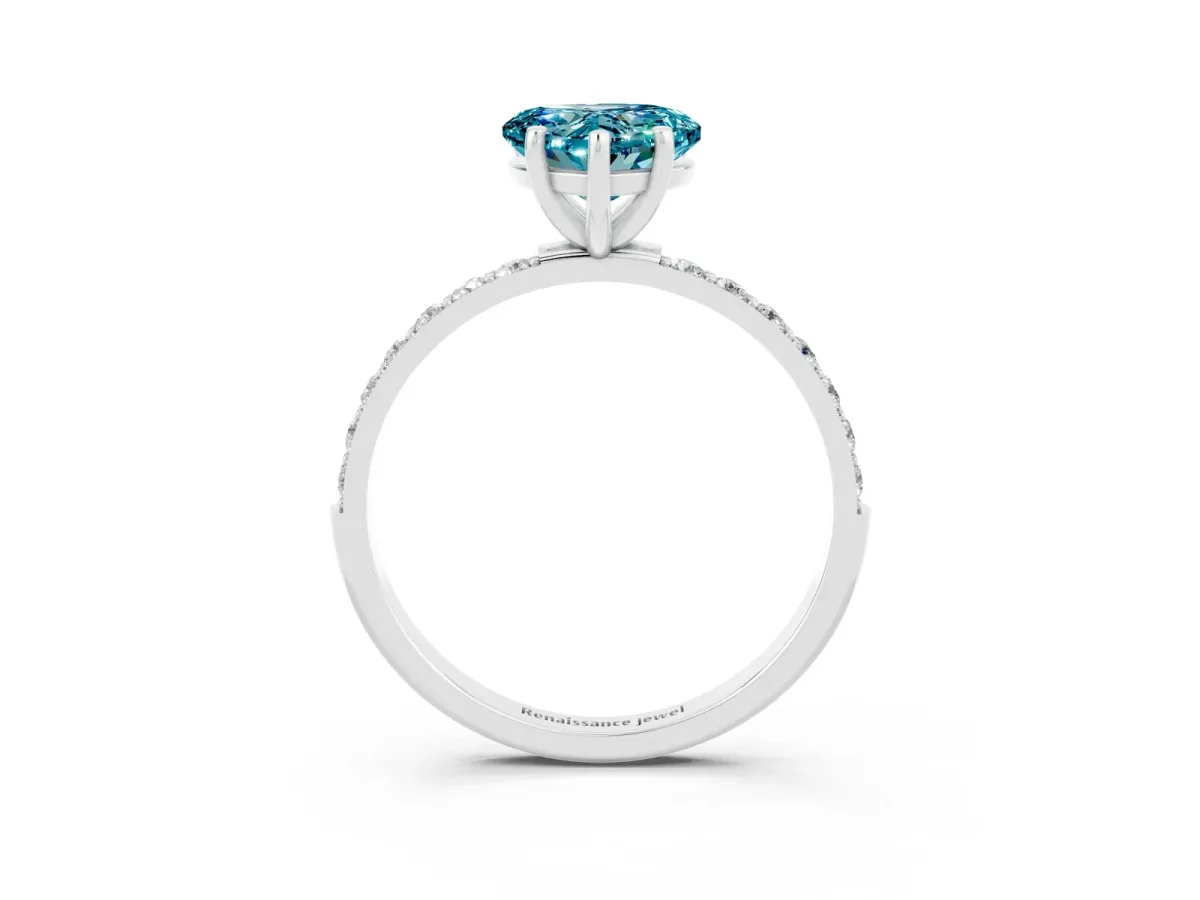 Heart Cut Blue Topaz Solitaire Ring with Round Pavé Band and Prong Setting Silver