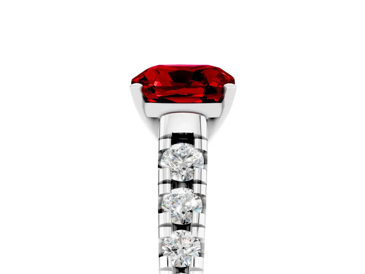 Cushion Cut Ruby Cathedral Solitaire Ring with Round Pavé Band White gold