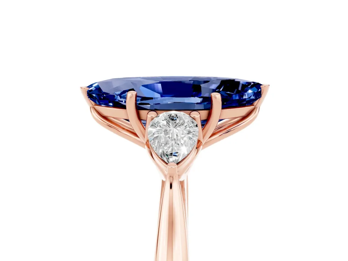 Marquise Cut Blue Sapphire Three-Stone Ring with Pear Side Stones and Prong Setting Rose gold