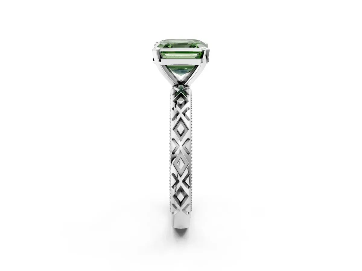 Fancy Green Asscher Cut Solitaire Diamond Ring with Milgrain and Black Enamel X Pattern Band Platinum