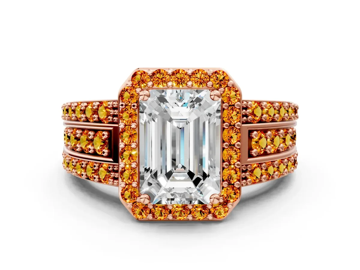 Emerald Cut Halo Diamond Ring with Round Citrine Split Shank and Prong Setting Rose gold