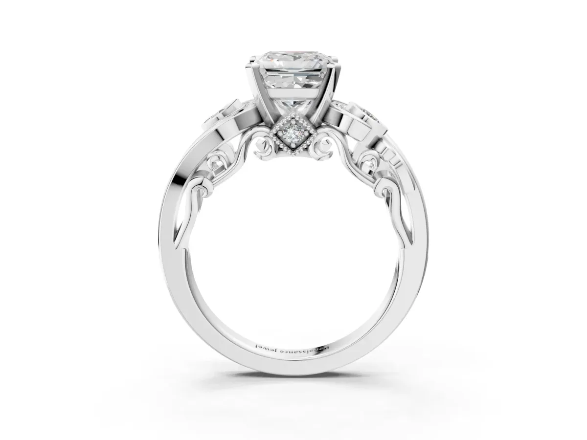 Princess Cut Diamond Solitaire Ring with Milgrain Pavé Band and Four-Prong Setting Silver