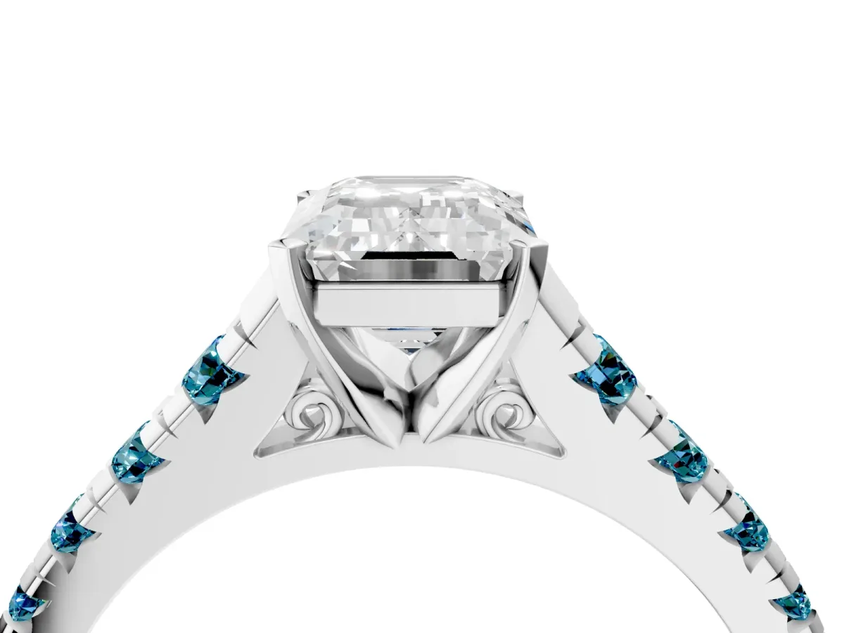 Emerald Cut Diamond Cathedral Solitaire Ring with Round Blue Topaz Pavé Band Silver