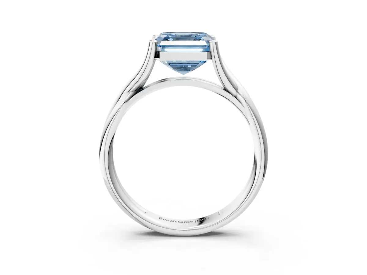 Fancy Blue Asscher Cut Diamond Solitaire Twist Band Prong Setting Ring Platinum